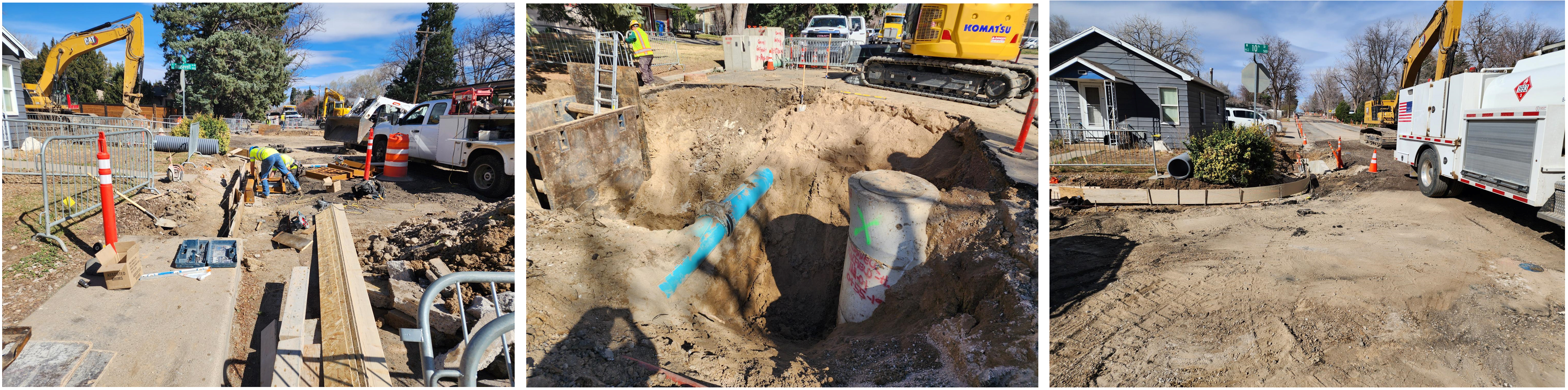 Images of crews installing curb, gutter and pipe.