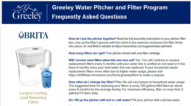 A portion of a water pitcher filter FAQ sheet with a picture of a pitcher filter.