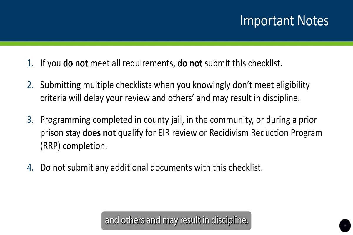 Earned Incentive Release (EIR) Phase 1 Checklist