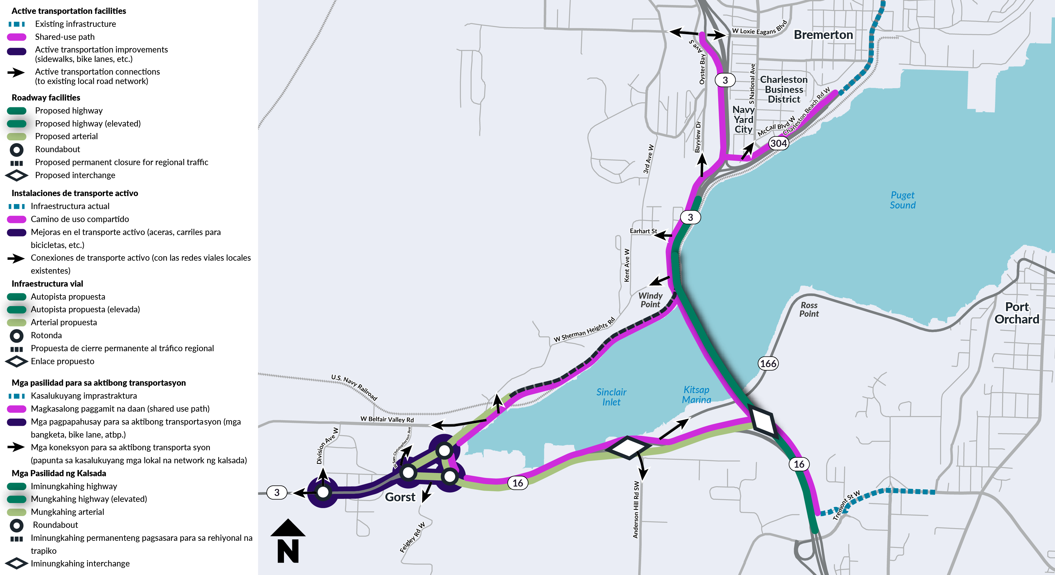 Map showing proposed roadway and active transportation facilities for Alternative C-2 along the SR 3 corridor from Bremerton through Gorst to Port Orchard, including a shared-use path, active transportation improvements and connections such as bike lanes and sidewalks, a proposed arterial, roundabouts, a proposed permanent closure for regional traffic, and a proposed interchange.