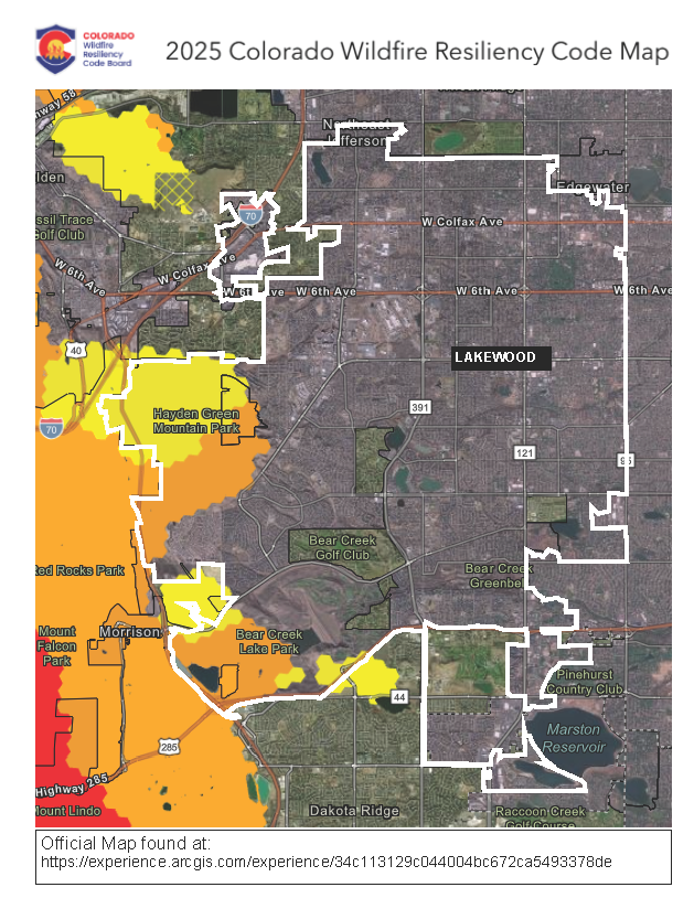 Screenshot of the 2025 Colorado Wildfire Resiliency Code Map showing Lakewood's city boundary and the fire intensity classification layers. Within Lakewood, there are Low and Moderate Fire Intensity areas along the western edge of the city near Hayden Green Mountain Park and Bear Creek Lake Park.