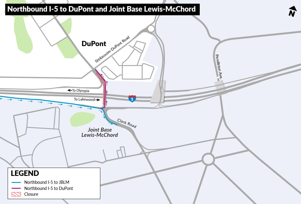 A map showing how someone would get from northbound I-5 to DuPont or JBLM.