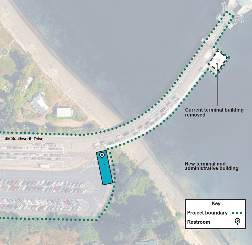 An aerial view of the Southworth parking lot, terminal and terminal building. This alternative shows a larger teal box indicating a combined terminal and administrative building with a restroom in the parking lot and the current terminal building over the water removed.