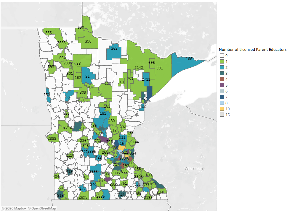 Map color coded by the number of parent educators in each Minnesota region