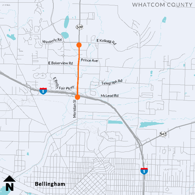 Map showing the highlighted project extents within the City of Bellingham in Whatcom County. The project runs north–south along Meridian Street (SR 539) between Kellogg Road and the I-5 NB Interchange.