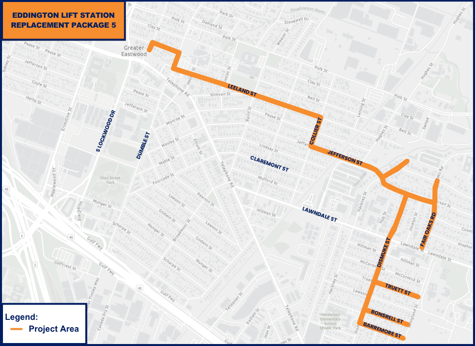 Map showing the Eddington Lift Station Package 5 project area along Leeland Street, Jefferson Street, South Dismuke Street, Truett Street, Bonsrell Street, Barremore Street, and nearby streets in Council District I.