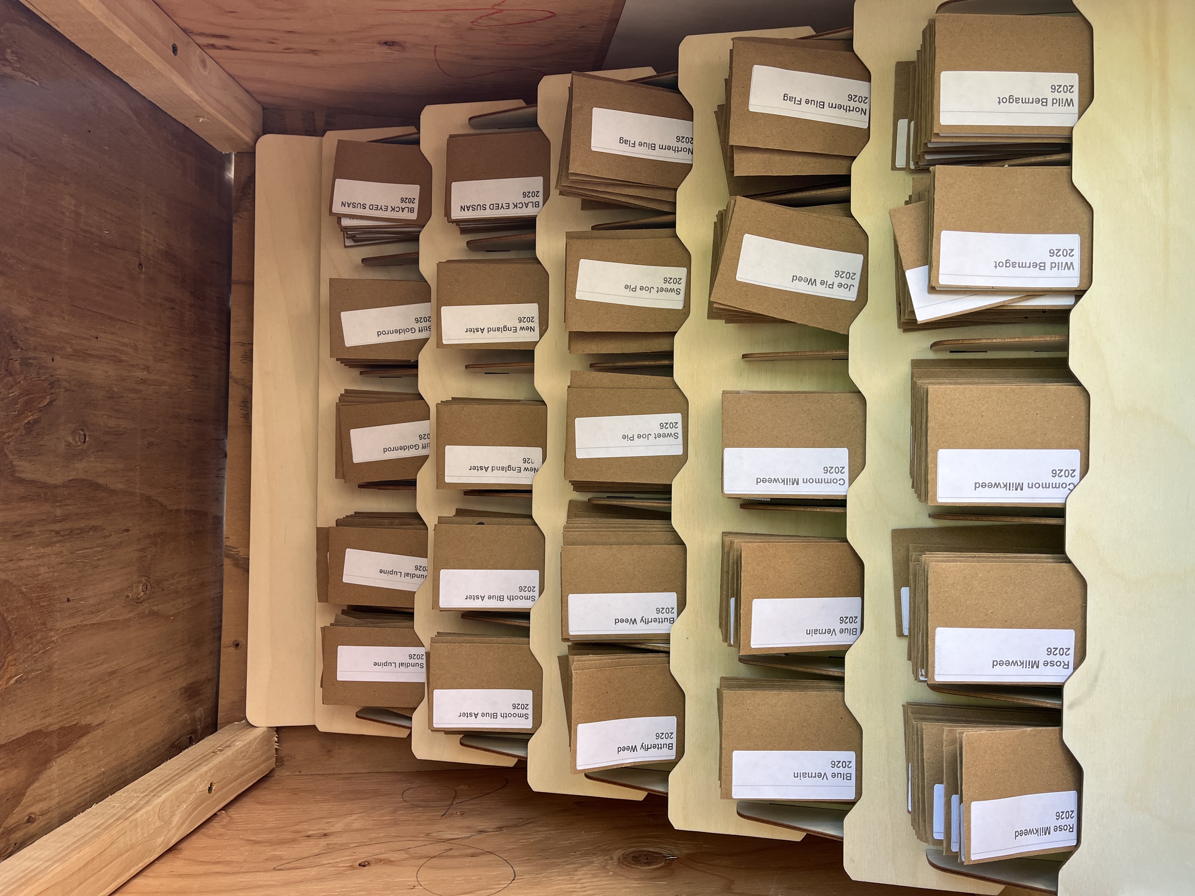 The inside view of a native seed library. The racks are filled with labeled seed packets.