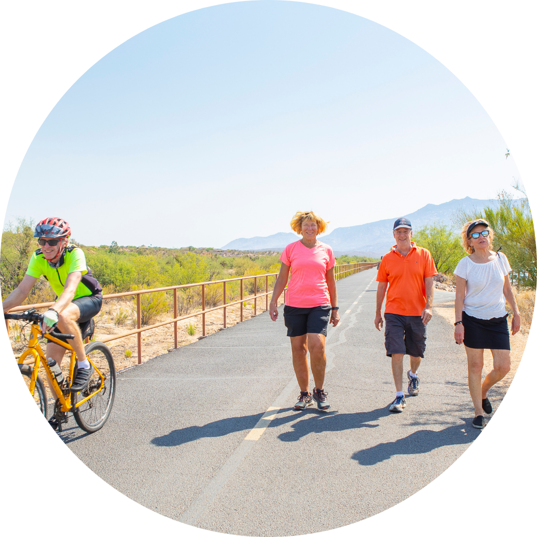 pedestrians and a cyclist on the loop