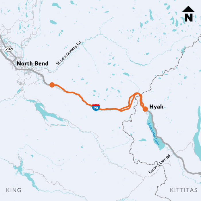 Map of I-90 between North Bend and Hyak