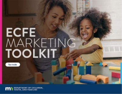 Cover of the ECFE marketing toolkit. Parent and child play together with colorful blocks.