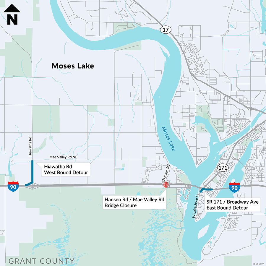 Hansen Rd. vicinity map with I-90 detour options: Exit 169 Hiawatha Road to the east, and SR 171/Broadway Exit to the west