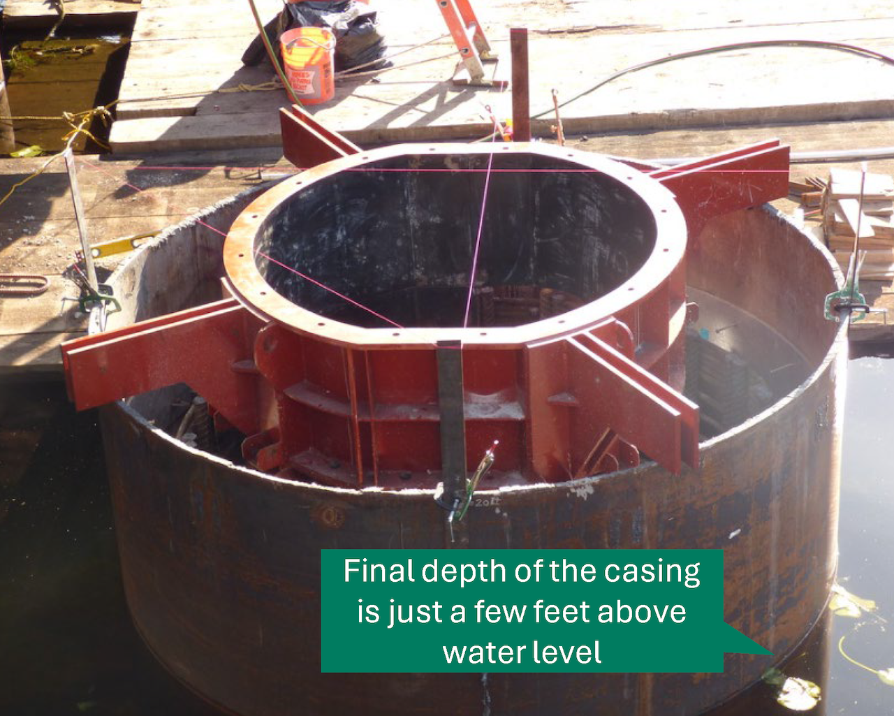  Drilled shaft 4 A casing vibrated to its final depth just a few feet above the water level. The top of a steel casing a few feet above the surface of the water.