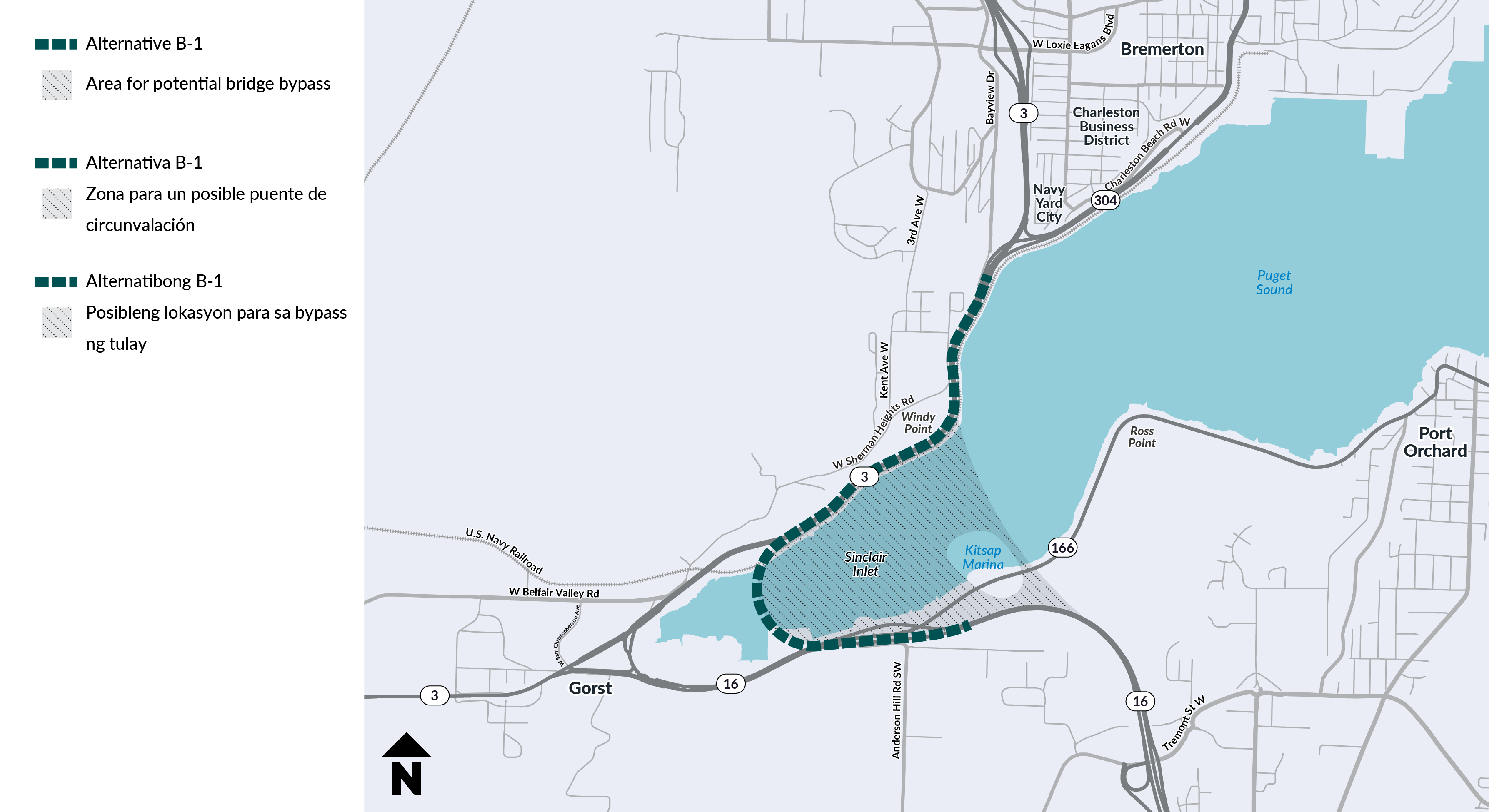 Map of Alternative B-1 showing the proposed bridge across Sinclair Inlet with a shaded area marking the potential bridge bypass location.