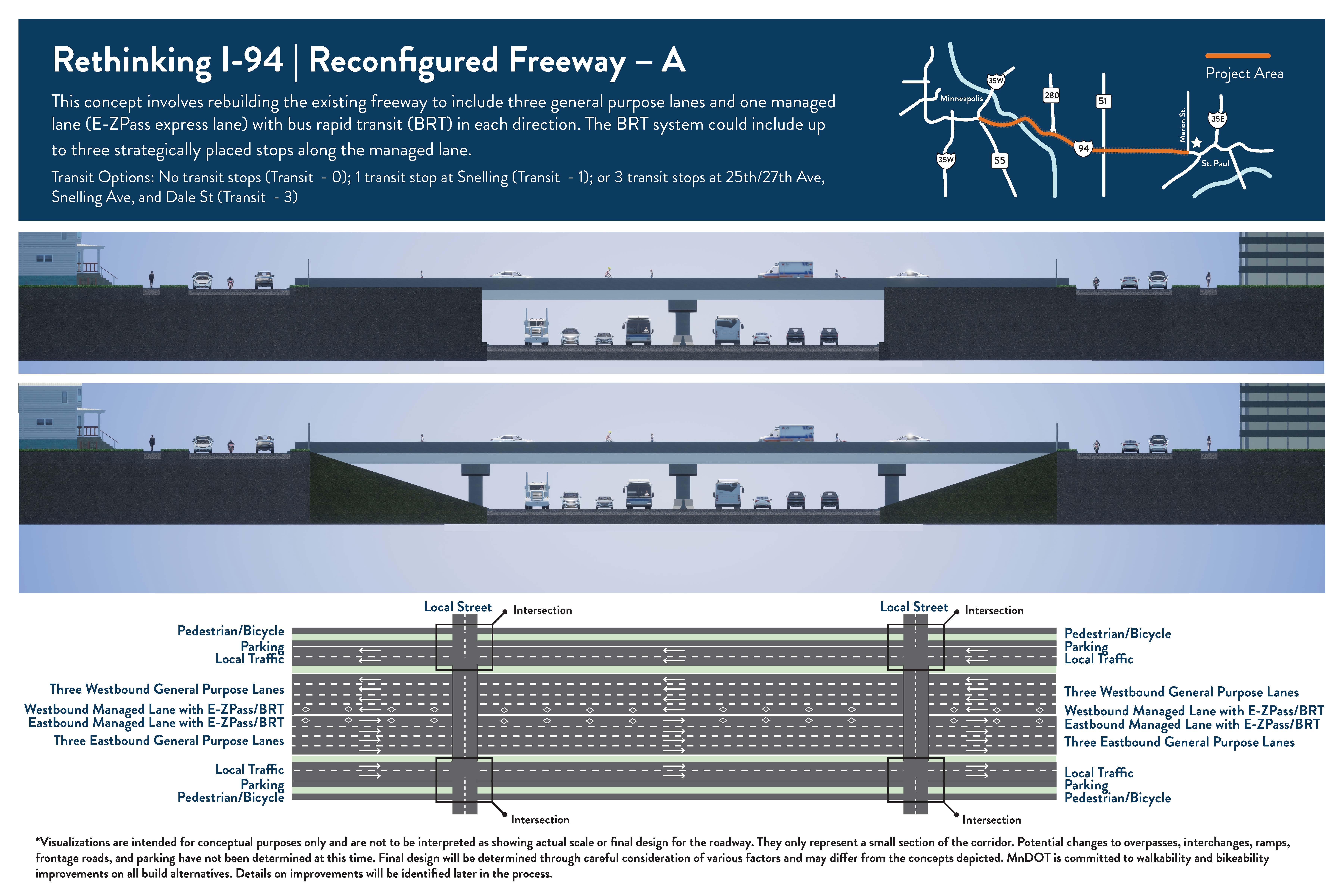 Graphic showing Reconfigured Freeway A design alternative.
