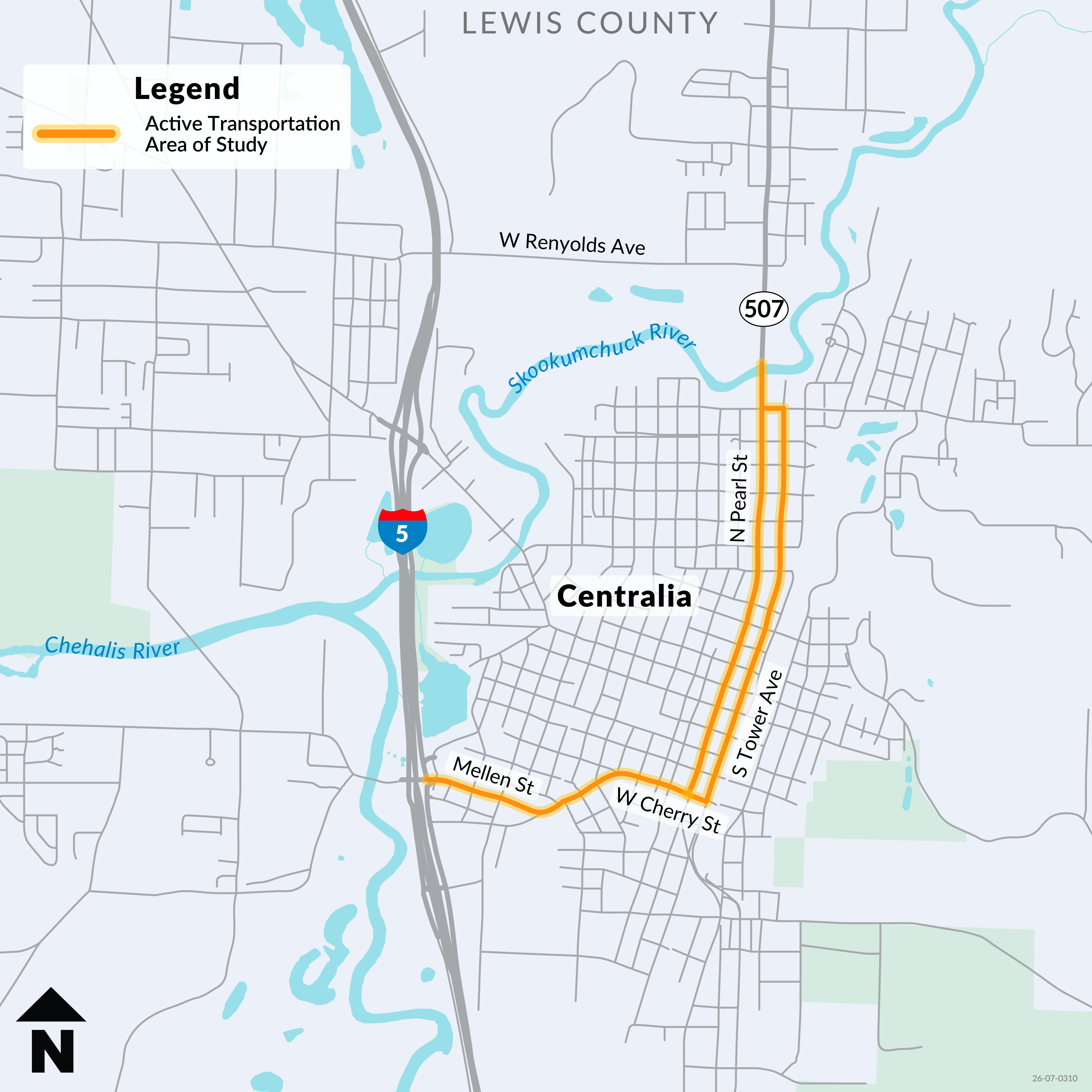 Map of the SR 507 study area in Centralia, highlighting in orange the corridor between the I-5 interchange near the Skookumchuck River and Centralia where walking, biking and rolling improvements are being considered.