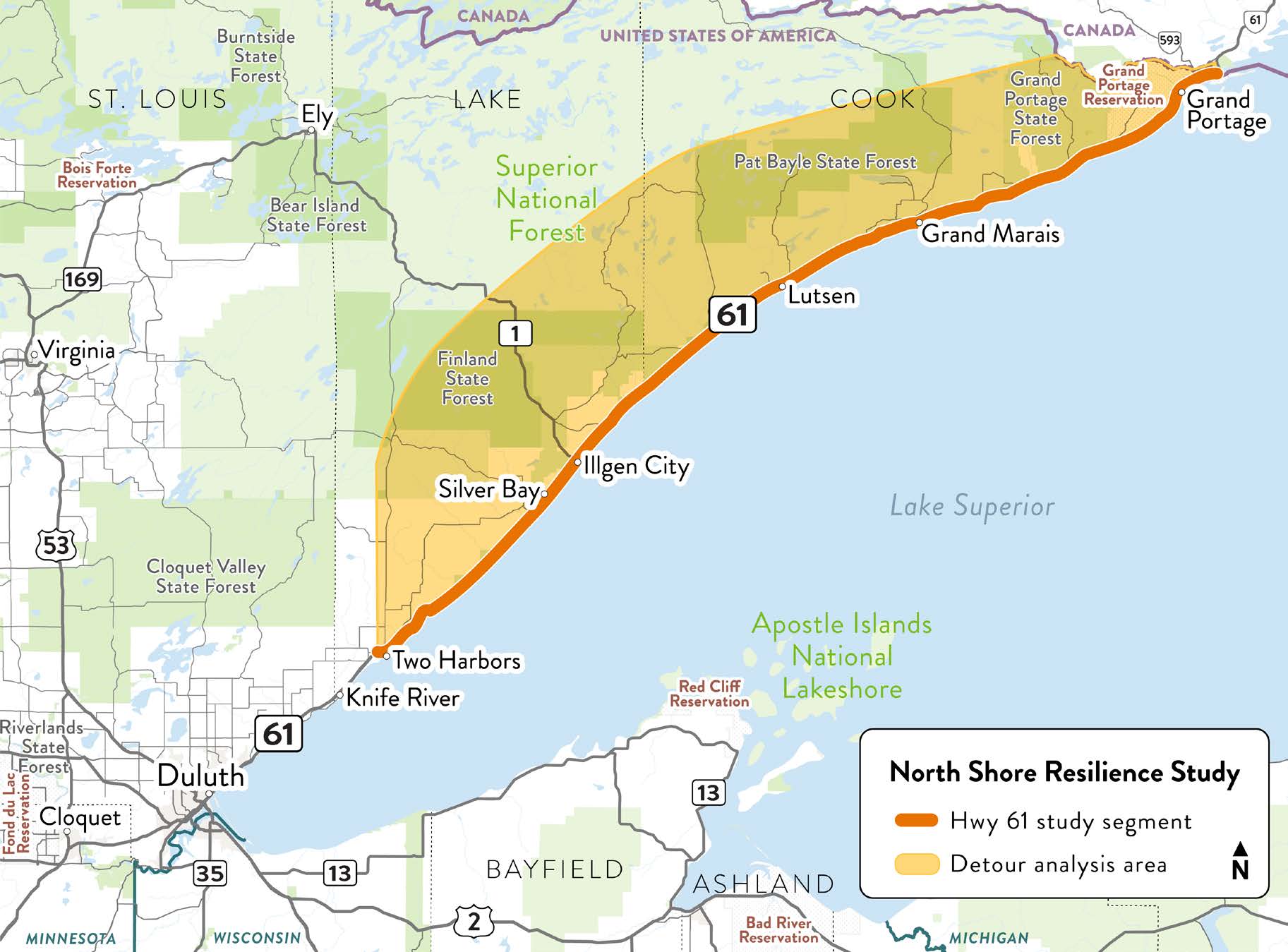 The study area is comprised of the southern portions of Lake and Cook Counties and the Grand Portage Reservation, specifically including through roads (state highways, county roads, city roads, township roads, and Forest Service roads) that intersect with and/or provide a viable alternative to TH 61