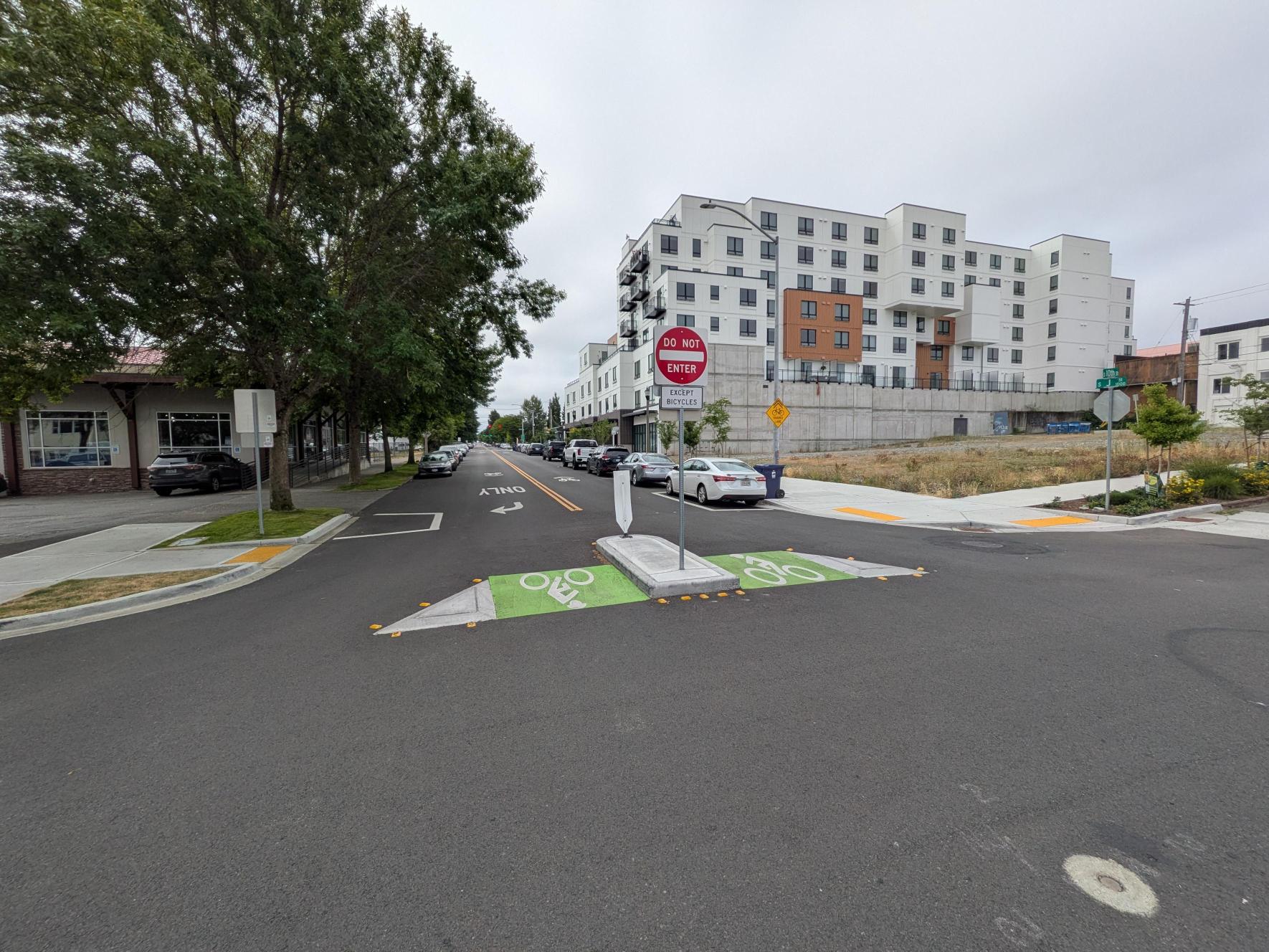 From left to right, the image shows a sidewalk, a tree, a vehicle right-turn lane, a raised curb with a “Do Not Enter” sign, another vehicle right-turn lane, and a sidewalk. The raised curb separates opposing traffic movements and restricts left turns.