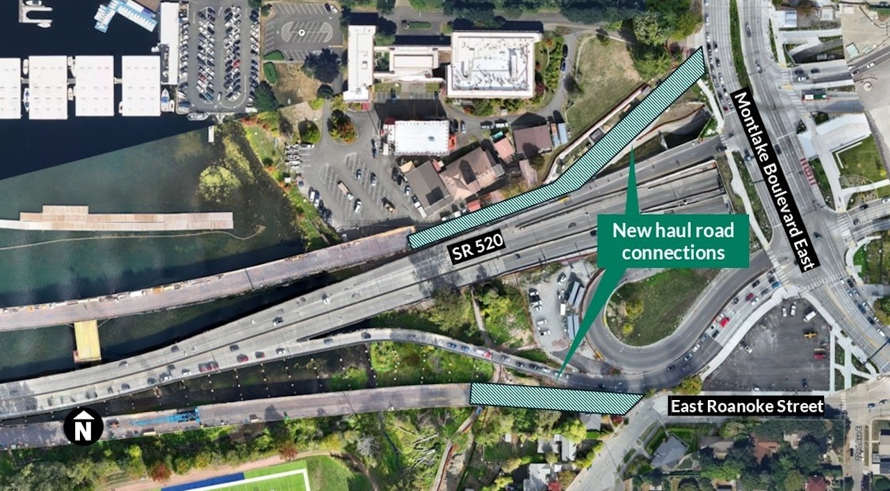 A map of the east side of Portage Bay and SR 520 showing two new haul roads. One connects the north side of the work trestle to Montlake Boulevard East, the other connects the south side of the trestle to East Roanoke Street.