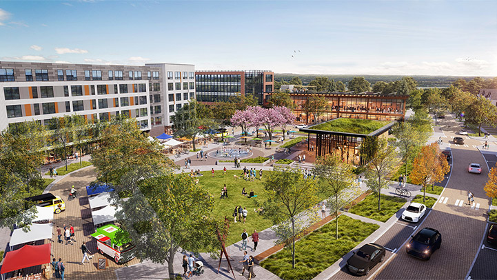 Rendering that shows the urban plaza in the Activity Center portion of the Heights District. This includes a public open space with a grassy area, trees, walking paths, outdoor seating, and a water feature. There is a roadway along the outside of the plaza with pavers and crosswalks, on-street parking, and street trees. Buildings are between three and six stories tall with ground floor commercial uses like restaurants and shops, and housing and hospitality uses above.