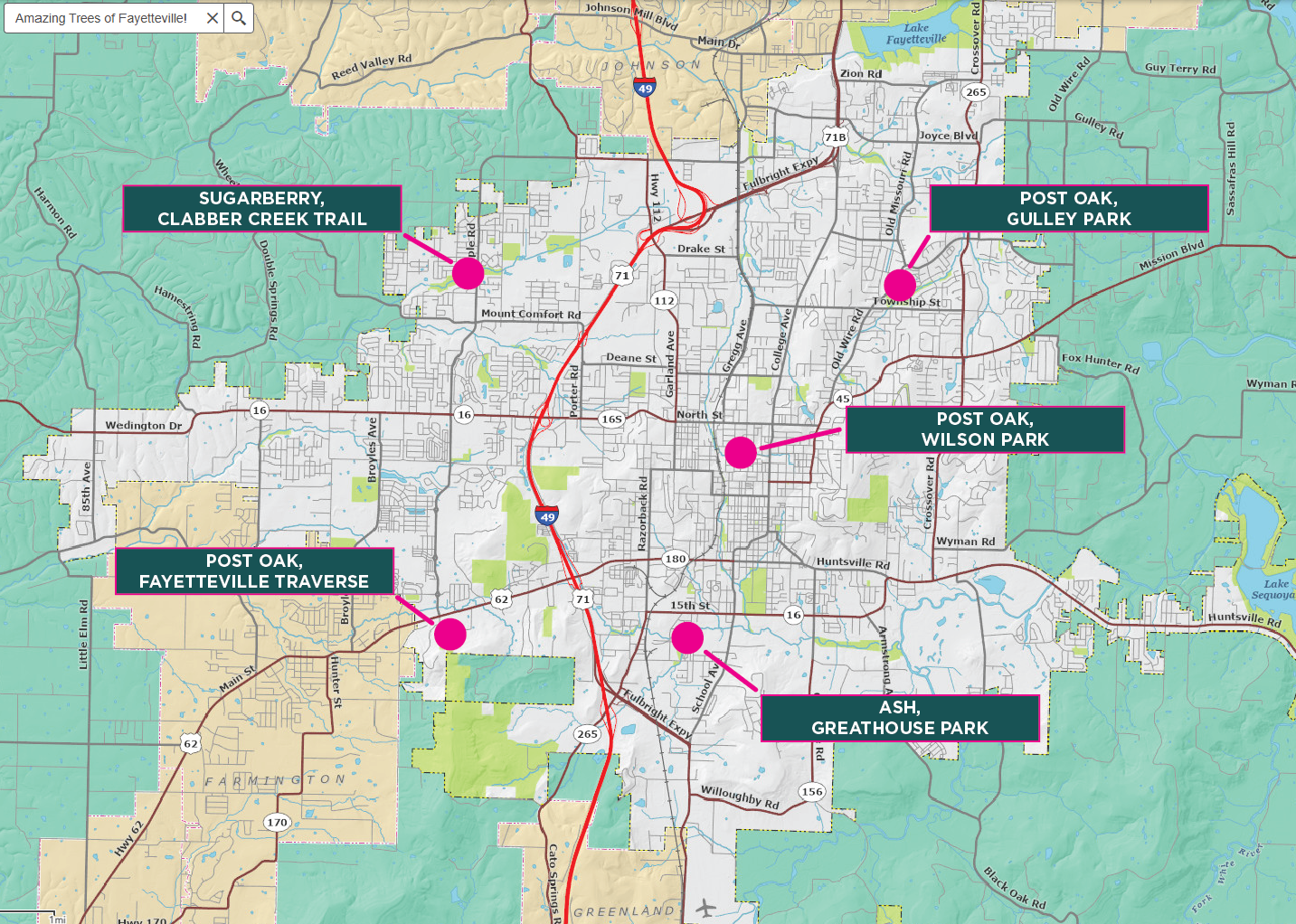 Map of Fayetteville with labels pointing out the species and location of the five nominees for 2026