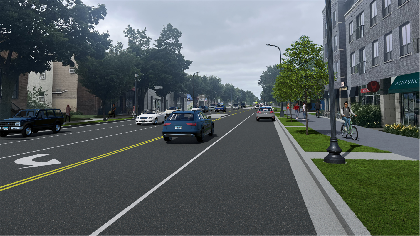 This graphic shows the 2700 block of Lyndale Avenue. There is a middle left turn lane with driving lanes on each side of it. The road also has parking lanes, boulevards, and a sidewalk showing someone biking on the right side, and people walking on both sides.