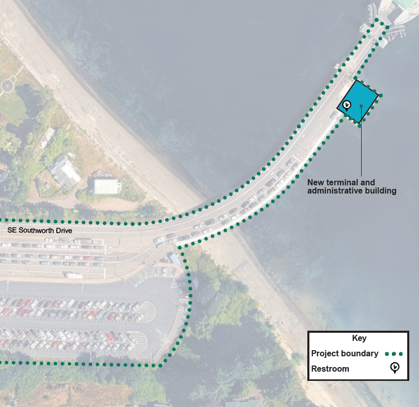 An aerial view of the Southworth parking lot, terminal and terminal building. This alternative shows the current terminal building over the water replaced by a new combined terminal and administrative building with a restroom in the same location.