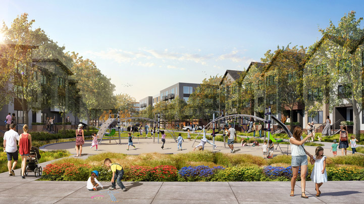 Rendering of what a future pocket park in the Residential Neighborhood could look like, including playground structures for children, an open grassy area, and new landscaping and trees. There are pathways into the park and it is surrounded by buildings on three sides.
