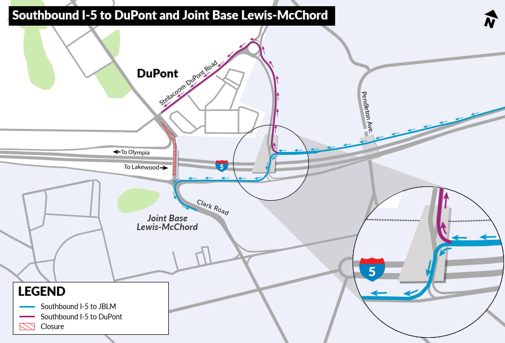 Un mapa que muestra como alguien podría llegar desde la I-5 en dirección sur hasta DuPont o JBLM.