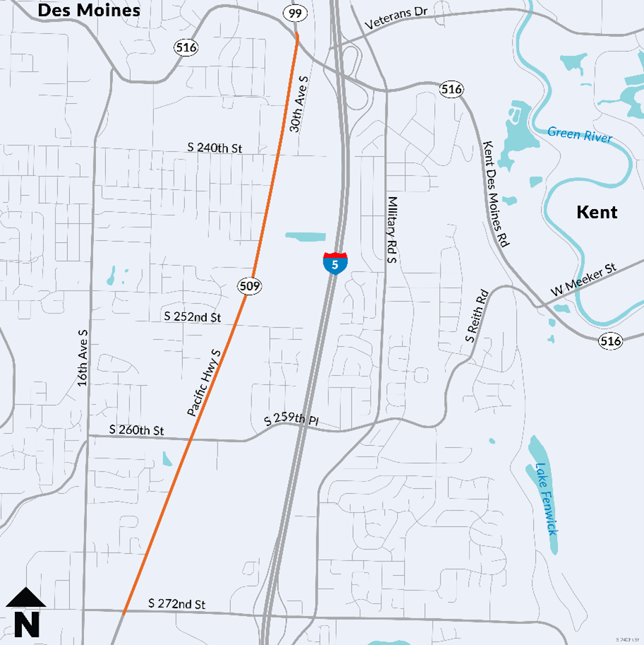 A map showing an orange line representing the project location on SR 99 from South 272nd Street to SR 516.