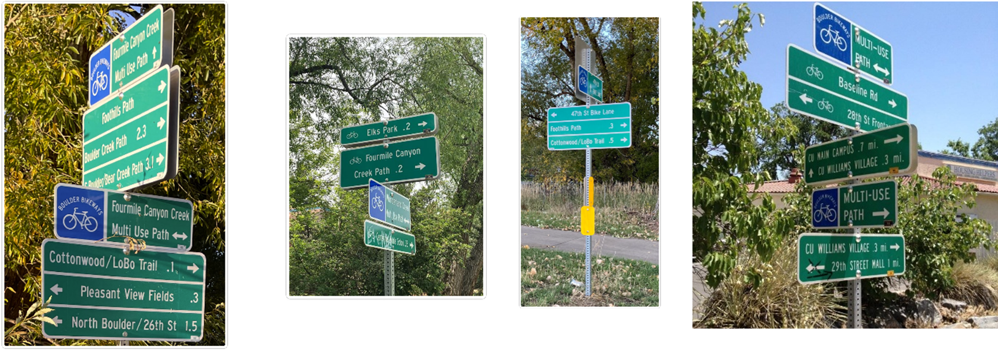Four images of sign assemblies with Boulder Bikeway signage and green destination sign panels with arrows pointing to various destinations.