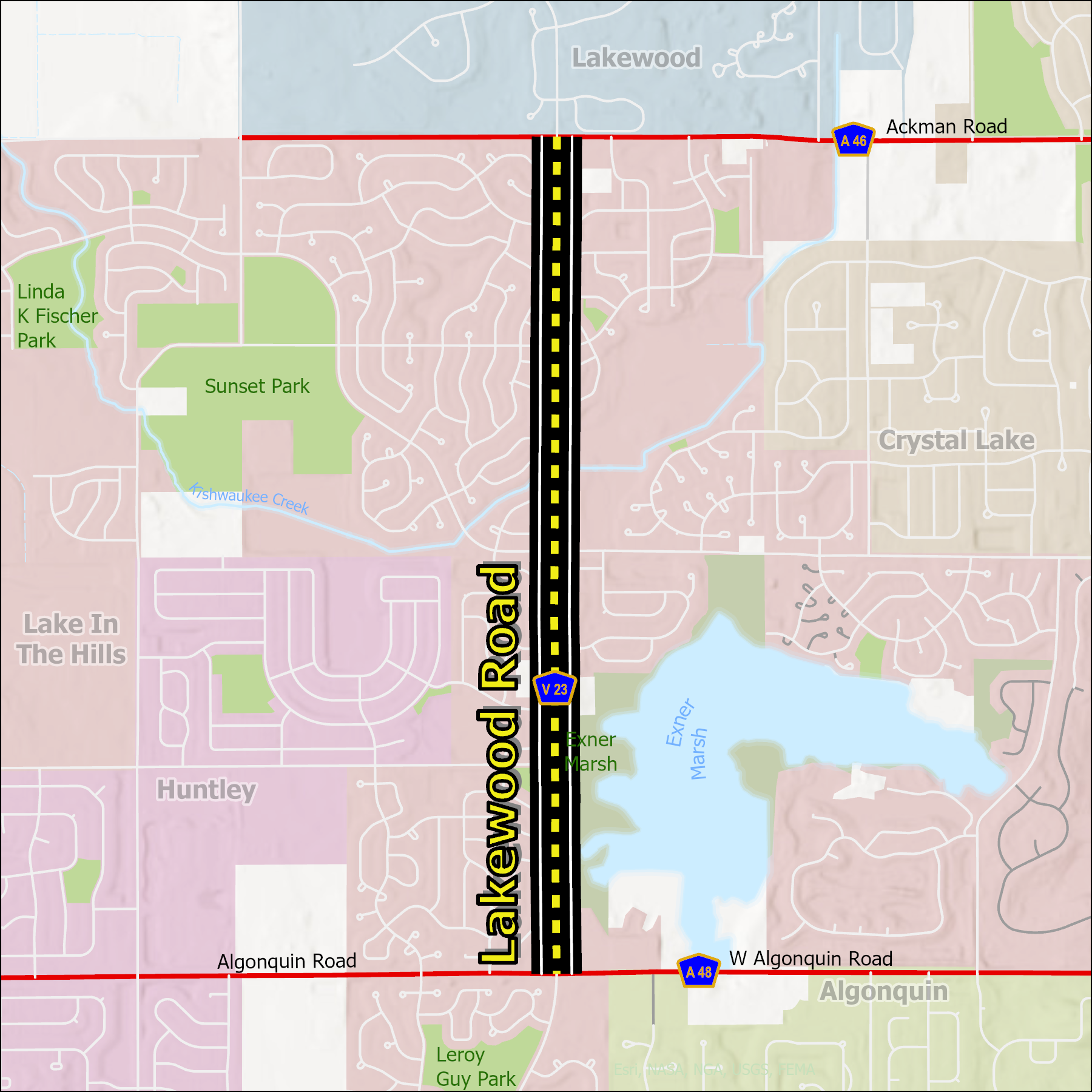 Project location map highlighting the Lakewood Road corridor, extending north-south from Ackman Road to Algonquin Road.