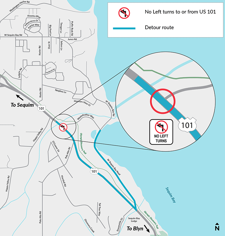 A map of US 101 in Sequim shows a closure of Whitefeather Way for a fish barrier removal project. A detour along West Sequim Bay Road is shown in blue.
