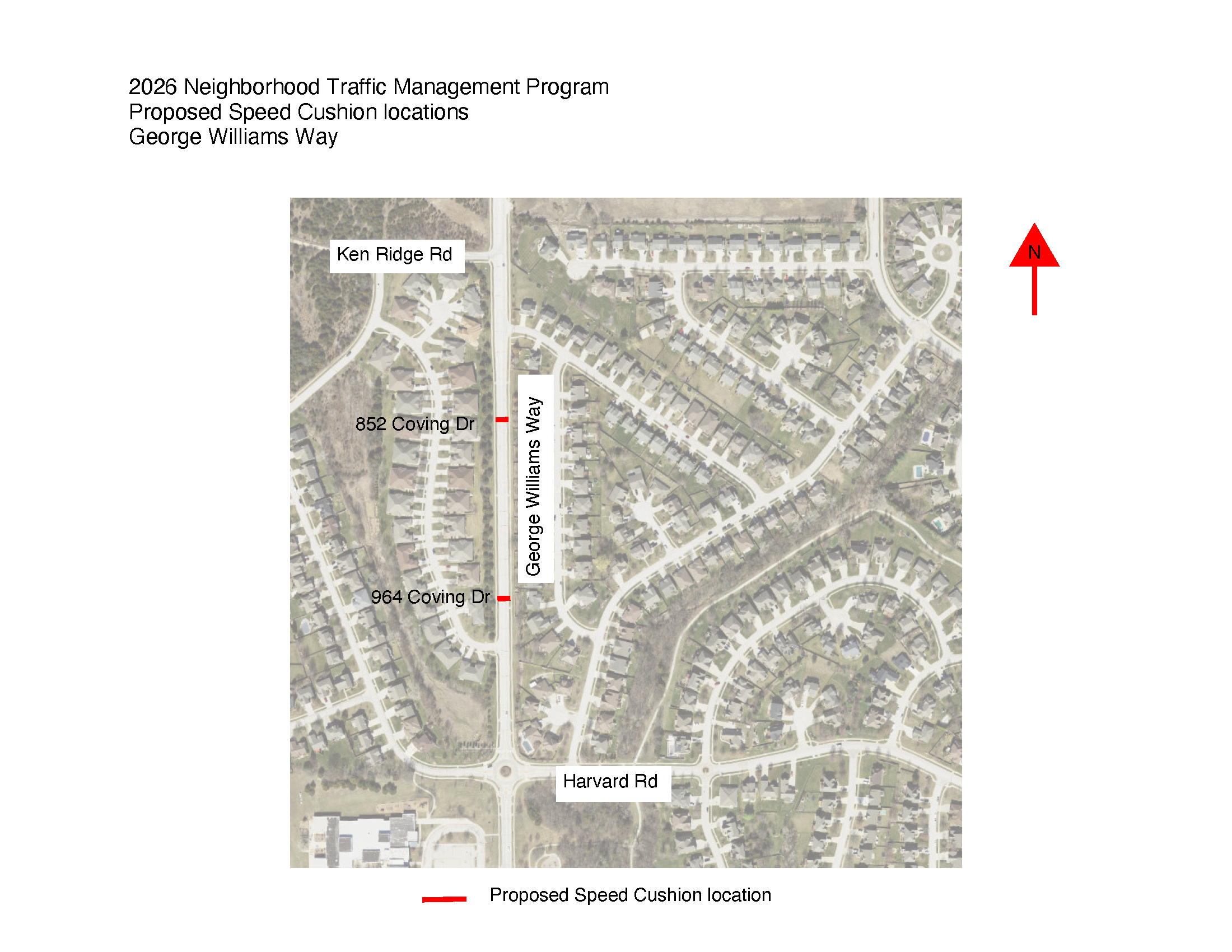 Map of George Williams Way with the location of 2 proposed speed cusions.