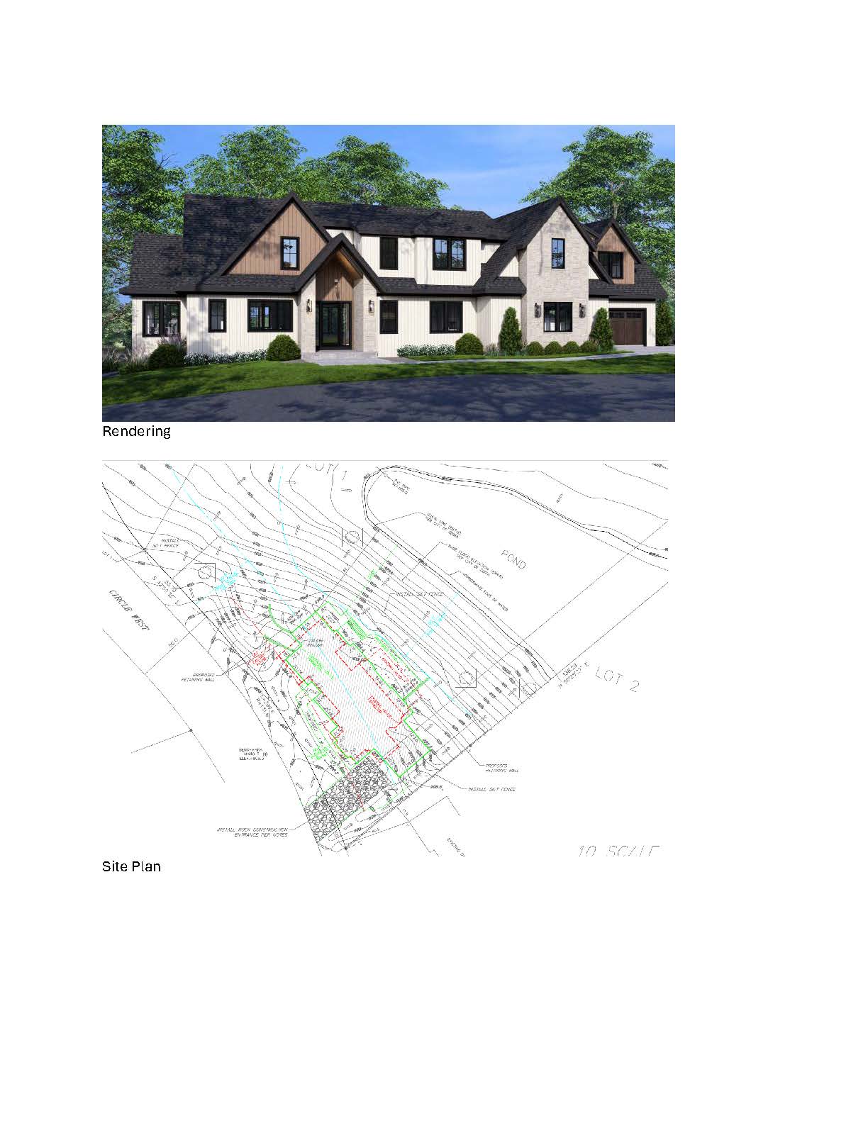 There is a photo of the front elevation of a new two story home with a combination of materials including siding , stone and asphalt shingles. The second image is of a survey of the property including the existing and new home location at a similar nonconforming front yard setback.
