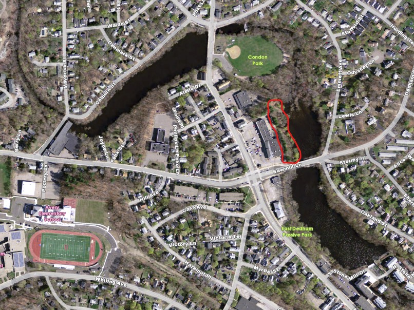 An Aerial Image Showing the Location of 21 Sawmill Lane, Dedham, MA