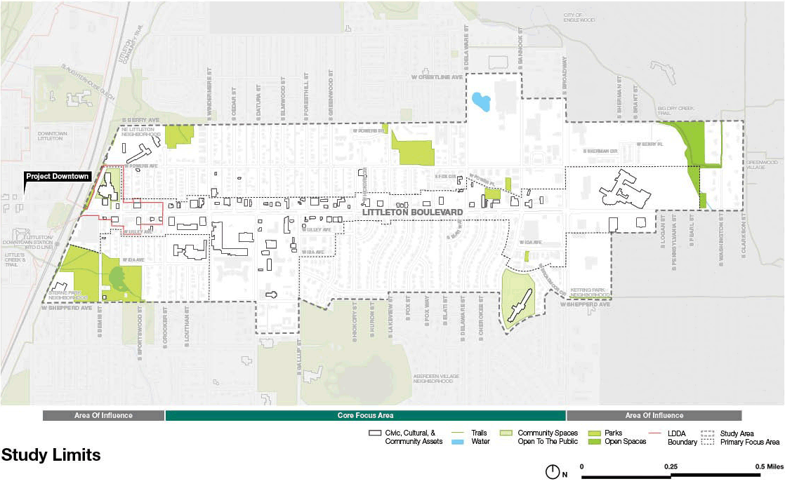 Map of Littleton Blvd. highlighting the core focus area between downtown on the west and Clarkson Street on the east, as well as parks, open spaces, and project downtown boundary.