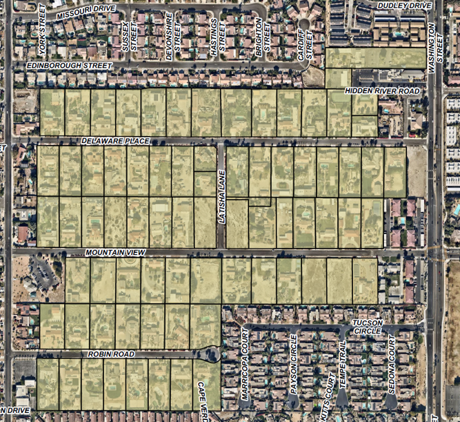 Map of estate neighborhood in Palm Desert, which includes Delaware Place, Mountain View, Robin Road, and Latisha Lane. 