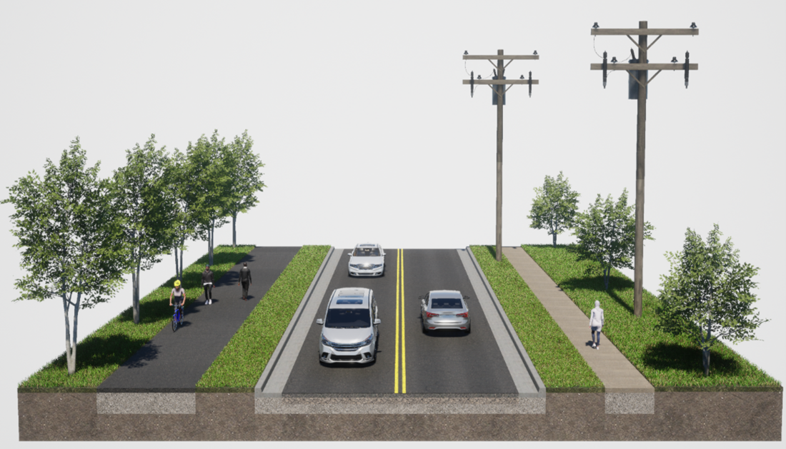 A section of road showing two driving lanes, a shared use path on the right, and sidewalk on the left.