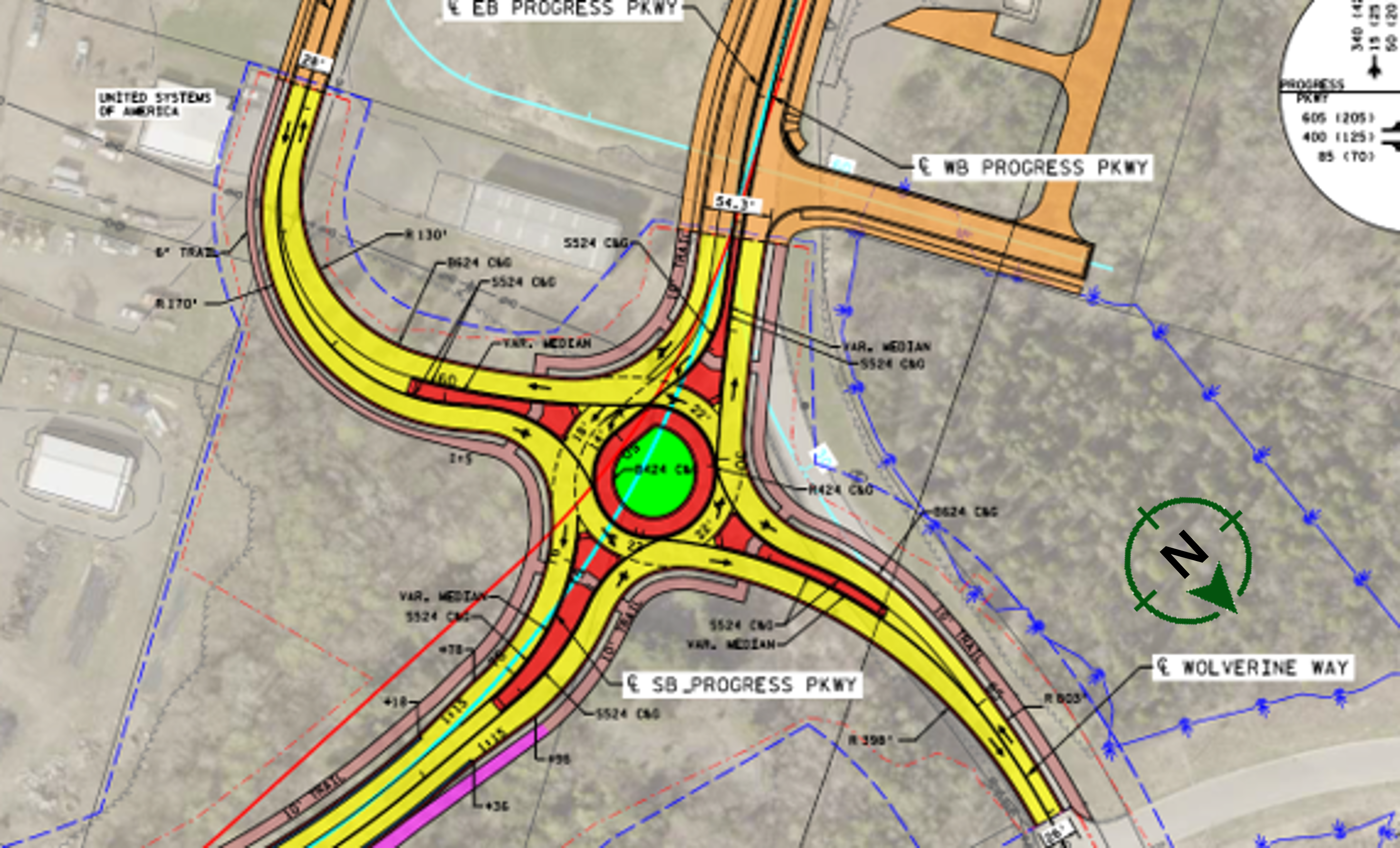 A detailed engineering plan of a roundabout with labeled roadways and annotations.