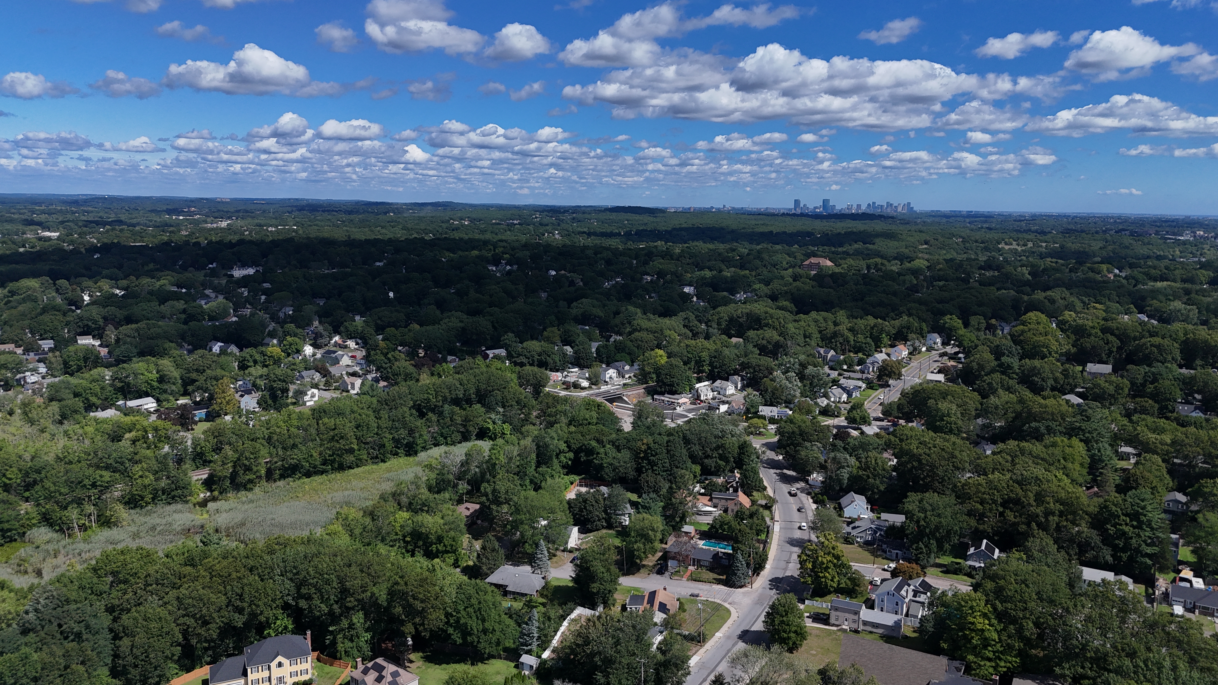 Birdseye view of East Street looking northeast, Boston skyline in background