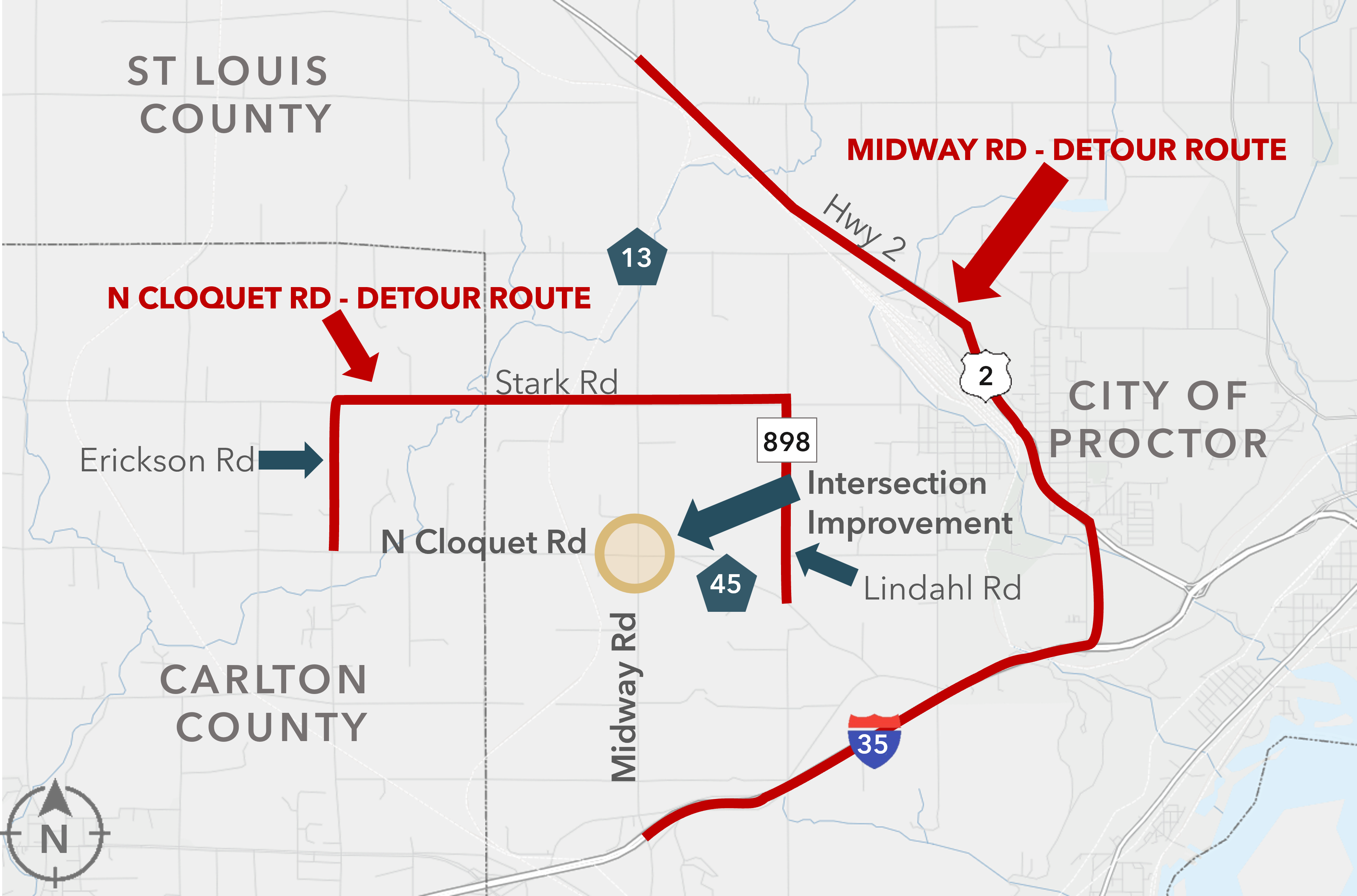 Map centered on Midway Rd (CSAH 13) at N Cloquet Rd (CSAH 45) showing detour routes