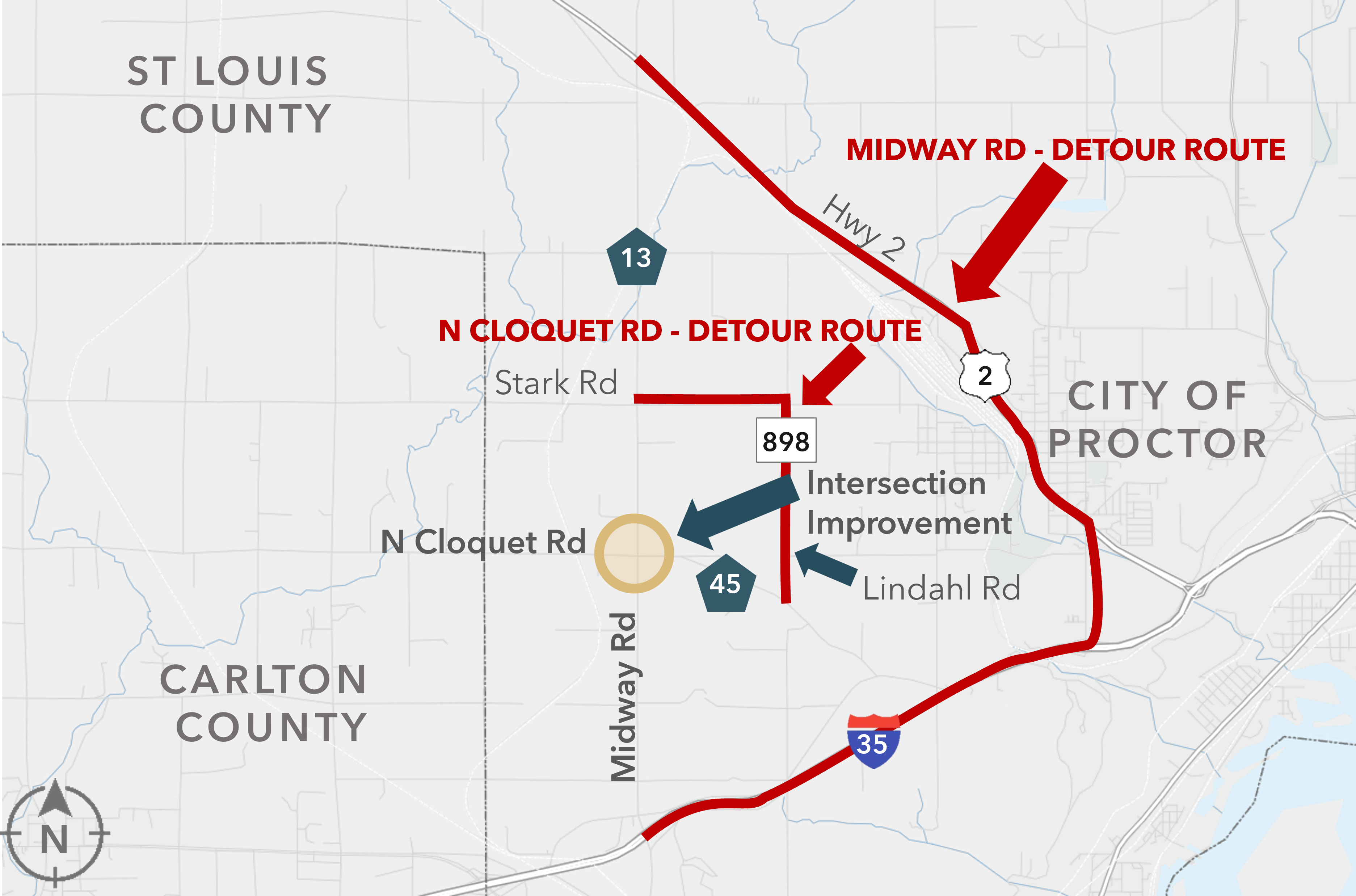 Map centered on Midway Rd (CSAH 13) at N Cloquet Rd (CSAH 45) showing detour routes