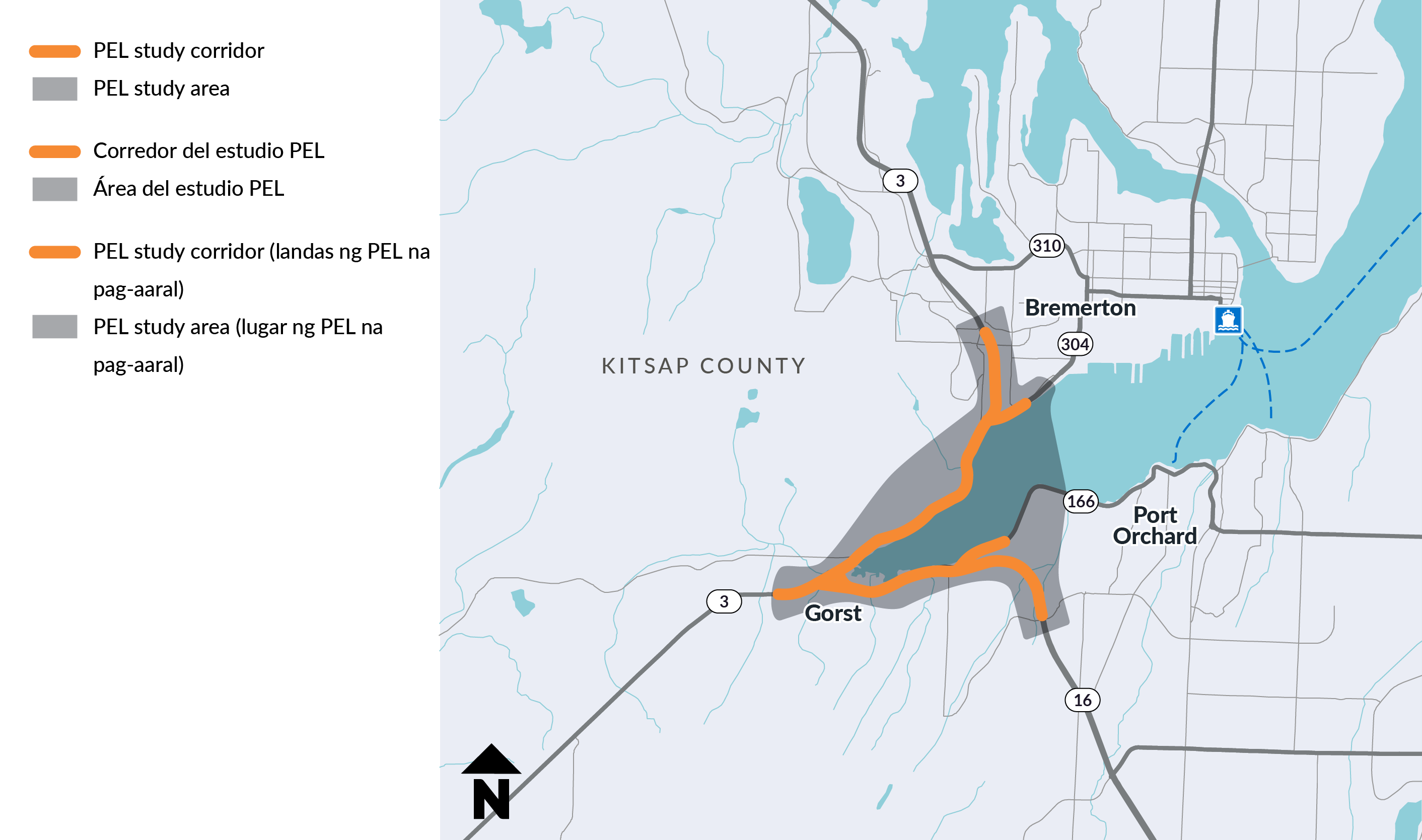 Map of the SR 3 Gorst PEL study area, with the SR 3 corridor highlighted in orange through Bremerton, Gorst and Port Orchard in Kitsap County.