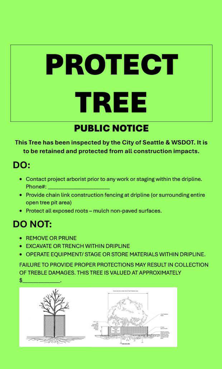 A green placard with a label to protect the tree.
