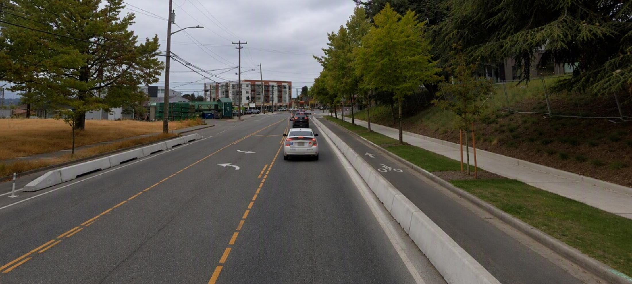 Calle con un carril para bicicletas con franja de separación junto a la carretera y una acera independiente a la derecha.