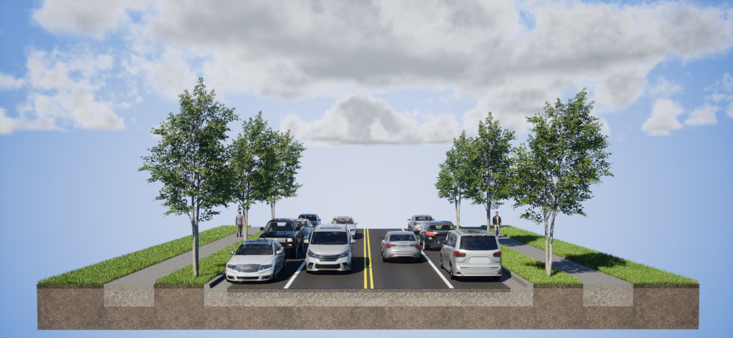 This image shows a cross section of the proposed future Cedar Avenue. From left to right the cross section shows a sidewalk, a boulevard, a parking lane, one driving lane traveling south, one driving lane traveling north, a parking lane, a boulevard, and a sidewalk. 