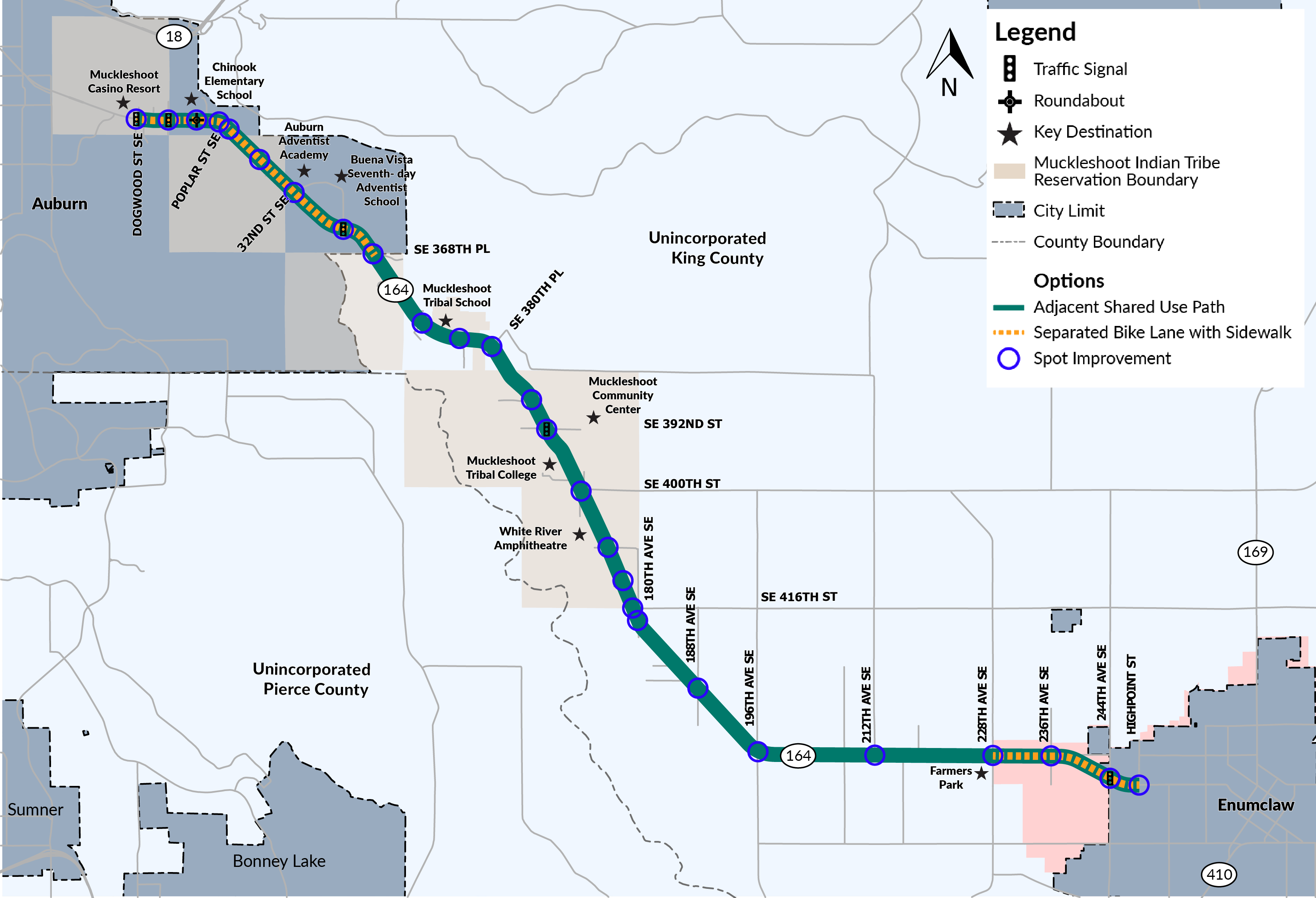 Corridor map from Auburn to Enumclaw showing proposed walking and biking route types and locations identified for spot improvements.