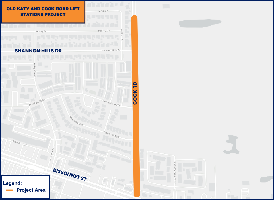 Map showing the Cook Road lift station project area along Cook Road between Shannon Hills Drive and Bissonnet Street