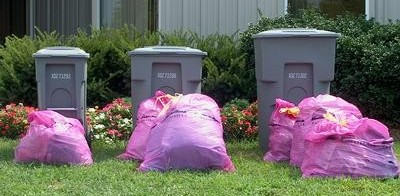Trash bags lined up in a row in front of different sized waste receptacles.