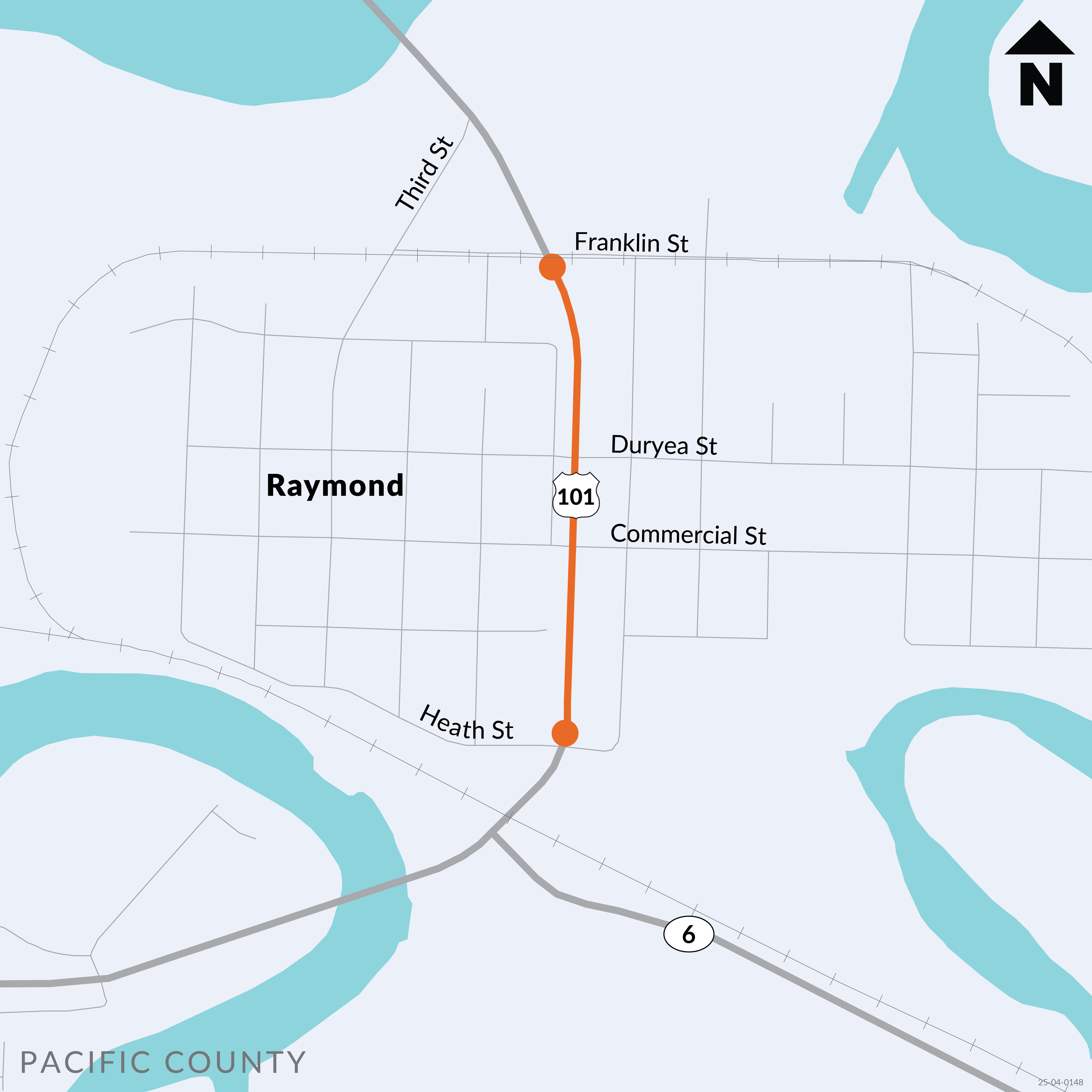 Map of Ramond with orange outline on US 101 from Franklin street to Heath street.
